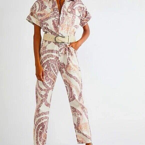 Free People Marci Printed Coverall Utility Jumpsuit, Ivory Multicolor, Xsmall Xs - Picture 2 of 11